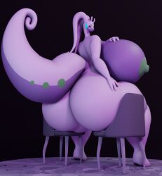 3d_(artwork) anthro areola ass big_breasts big_butt blender_(software) blush breasts carpet darkdraketom digital_media_(artwork) female furniture_damage goodra green_areola green_eyes green_nipples hand_on_breast hand_on_butt huge_butt nintendo nipples overweight pokémon_(species) pokemon pokemon_(species) purple_body simple_background sitting solo two_chairs_for_one video_games