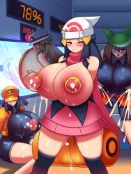 4girls blush dawn_(pokemon) exposed_breasts huge_breasts hyper hyper_breasts lactation leaf_(pokemon) leaking_milk may_(pokemon) may_(pokemon_emerald) milk milking milking_machine nipples pokemon pokemon_ranger_(pokemon_oras) pokemon_rse raion-san