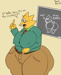 alphys angry anthro anus belt bent_over big_breasts blush bottomwear breasts buckteeth chalkboard clothed clothing deltarune dialogue drawing dress_shirt english_text eyewear female flustered front_view fully_clothed genitals glasses huge_breasts huge_hips huge_thighs khakis lizard love_handles necktie nipple_outline nipples non-mammal_nipples nude open_mouth overweight overweight_anthro overweight_female pants portrait pussy rear_view reptile roccorox scales scalie shirt signature simple_background solo standing teeth text thick_thighs three-quarter_portrait three-quarter_view tight_bottomwear tight_clothing tight_pants tight_shirt tight_topwear topwear undershirt undertale undertale_(series) video_games yellow_body yellow_scales