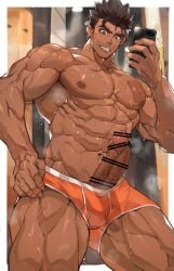 1boy abs ass_visible_through_thighs bar_censor bara censored clothing_aside covered_testicles dark_skin erection feet_out_of_frame highres holding holding_phone large_pectorals long_sideburns male male_focus male_only male_underwear male_underwear_aside male_underwear_pull motion_lines muscular muscular_male navel navel_hair nikism nipples orange_male_underwear orange_underwear original pectorals penis phone precum pulled_by_self short_hair sideburns solo spiked_hair stomach sweat textless thick_eyebrows thick_thighs thighs topless_male underwear underwear_only veins veiny_penis