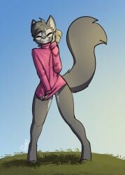 bottomless canid canine closed_eyes clothed clothing female feretta fox fur genitals grass grey_body grey_fur mammal plant pussy red_fox silver_fox sky sweater sweater_only topwear topwear_only tugging_clothing turtleneck vix_(feretta)