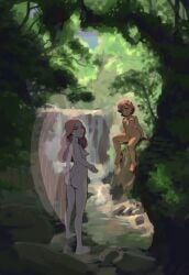 2girls ass female forest glimmer_(she-ra) inviting looking_at_viewer multiple_girls nude outdoors pears_(artist) queen_angella river she-ra_and_the_princesses_of_power sitting size_difference small_breasts smile waterfall