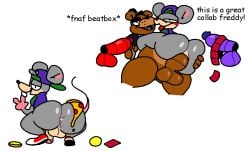 anthro ass big_butt big_penis bonnie_(fnaf) canid canine chuck_e_cheese chuck_e_cheese_(franchise) coin five_nights_at_freddy's food fox foxy_(fnaf) freddy_(fnaf) genitals group lagomorph leporid machine male male/male mammal mascot murid murine penis pizza presenting presenting_hindquarters rabbit rat robot rodent scottgames superiorfox ticket ursid video_games wide_hips