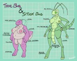 4_arms animal_humanoid antennae_(anatomy) anthro areola arthropod arthropod_humanoid balls belly big_balls big_belly big_breasts big_penis blueprint breasts chubby_gynomorph chubby_penis digitigrade duo english_text erect_nipples genitals green_body green_eyes gynomorph hand_on_hip hi_res humanoid impishhyena insect_humanoid insects intersex long_penis long_tail mantis mantis_humanoid model_sheet multi_arm multi_limb nipples penis phasmid pink_body pink_eyes puffy_areola puffy_nipples shortstack size_difference slightly_chubby smol stick_bug_(impishhyena) text thicc_bug_(impishhyena) thick_penis thick_tail thick_thighs trans_woman transfem very_long_penis wide_hips