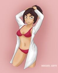 2022 artist_name bra breasts brown_hair collarbone eye_bags female inside_job labcoat messy_hair miguel-arts navel panties ponytail posing reagan_ridley red_bra red_panties red_underwear solo