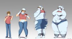 2019 absurd_res age_progression anthro ass bear blush bottomwear breast_growth breasts butt_expansion clothing female footwear fur gender_transformation hi_res human human_to_anthro jeans male mammal mature_female mtf_transformation navel nipples overweight pants polar_bear ring sequence shirt shoes simple_background smile solo species_transformation standing tail_growth taro_016 topwear torn_clothing transformation ursid ursine white_body white_fur