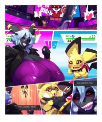 anthro balls big_breasts breasts carmessi comic ear_piercing ear_ring eeveelution english_text female furgonomics furry-specific_piercing genitals hi_res high_heels hoop_earrings huge_breasts lucy_(aikega) male nintendo penis pichu piercing pokémon_(species) pokemon text umbreon video_games