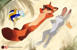 absurd_res animal_genitalia anthro balls beverage breasts canid canine casual_nudity closed_eyes container cup disney duo eyewear eyewear_on_head eyewear_only female fox fully_sheathed genitals half-closed_eyes hands_behind_head hi_res judy_hopps lagomorph leporid lying male male/female mammal narrowed_eyes nerton nick_wilde nipples nude on_back pussy rabbit shaded shadow sheath small_breasts sport sunbathing sunglasses sunglasses_on_head sunglasses_only volleyball zootopia zootropolis