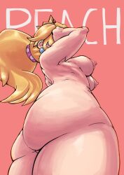 1girls ass below_view blonde_hair breasts butt_crack character_name chubby female female_only long_hair mario_(series) mddnaz medium_breasts nintendo nipples nude ponytail princess_peach simple_background solo standing tied_hair