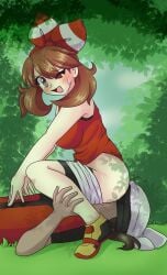 1boy 1boy1girl 1girls ass_out blue_art10 blush brendan_(pokemon) brendan_(pokemon_oras) brown_eyes clothed_sex cunnilingus facesitting forest human may_(pokemon) may_(pokemon_oras) open_mouth outdoors pokemon pokemon_oras shorts shorts_down