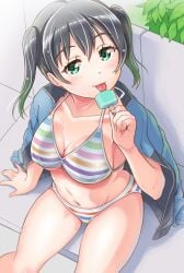 bangs bikini black_hair breasts female food gonta_(gshoutai) gradient_hair green_eyes green_hair hair_between_eyes highres jacket licking love_live! love_live!_nijigasaki_high_school_idol_club medium_hair multicolored_hair navel open_clothes open_jacket popsicle striped striped_bikini swimsuit takasaki_yuu twintails two-tone_hair