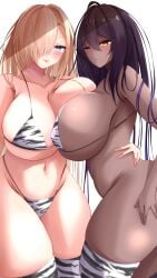 2022 2girls @r@t@ asuna_(blue_archive) big_breasts bikini bikini_bottom bikini_top blue_archive breast_to_breast breasts dark-skinned_female dark_skin duo duo_focus female female_focus huge_breasts karin_(blue_archive) legwear millennium_science_school_student neusora one_eye_closed simple_background standing tiger_print tiger_print_bikini white_background