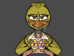 1boy1girl beak boobjob breasts chica_(fnaf) classic_chica_(fnaf) cum cum_on_face cumshot five_nights_at_freddy's paizuri penis purple_eyes smile squeezing_breasts straight titjob yellow_body