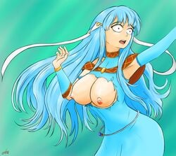 1girls armpits bangs blue_hair breasts breasts_out dancer dancing enbu exposed_breasts female female_focus female_only fire_emblem fire_emblem:_the_blazing_blade humiliation large_breasts long_hair ninian_(fire_emblem) nintendo nipples open_mouth red_eyes shocked solo torn_clothes wardrobe_malfunction