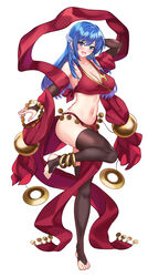 1girls :d absurdres alternate_costume barefoot blue_eyes blue_hair blush breasts caeda_(fire_emblem) cleavage dancer dancing female female_only fire_emblem fire_emblem:_mystery_of_the_emblem fire_emblem:_shadow_dragon_and_the_blade_of_light fire_emblem_heroes hair_ornament harem highres large_breasts long_hair looking_at_viewer nez-box nintendo open_mouth panties pelvic_curtain pose red_panties slave smile solo thighhighs underwear white_background