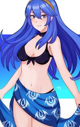 1girls alternate_costume black_bikini black_swimsuit breasts clothed clothing female fire_emblem fire_emblem_awakening kgctcg long_blue_hair looking_at_viewer lucina_(fire_emblem) nintendo sarong small_breasts solo swimsuit symbol-shaped_pupils