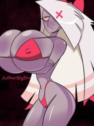 1girls alternate_breast_size arms_under_breasts atomickingboo bare_shoulders big_breasts bikini black_background blush bottomwear bra breasts covered_nipples crossed_arms demon demoness erect_nipples eyebrows eyelashes female female_only grey_body grey_skin hair hair_over_one_eye hazbin_hotel hips hourglass_figure huge_breasts hyper_breasts large_breasts long_hair nipple_bulge nipples nipples_visible_through_clothing panties pouting simple_background solo solo_female straight_hair text thick thick_thighs thighs thin_waist tiny_waist top_heavy topwear vaggie_(hazbin_hotel) very_long_hair vivienne_medrano voluptuous watermark white_hair wide_hips