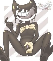 1boy artist_name bendy bendy_and_the_ink_machine black_body cotton_draws ink male non-human pink_background small_penis smiling_at_viewer tongue_out toony