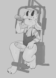 anthro balls barefoot bodily_fluids bottle bottomless bottomless_male bovid caprine clothed clothing drinking erection exercise feet foreskin genital_fluids genitals goat gym_equipment hi_res holding_bottle holding_object horn male mammal monochrome nule penis precum shirt simple_background solo sweat sweaty_arms sweaty_balls sweaty_face sweaty_genitalia sweaty_legs sweaty_penis sweaty_thighs tank_top toes topwear towel towel_around_neck workout workout_equipment