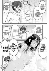 1boy 1girls 774_(nanashi) black_hair blush breasts edit hayase_nagatoro long_hair manga_page monochrome naoto_hachioji_(senpai) navel nipples nude_female open_mouth please_don't_bully_me,_nagatoro simple_background small_breasts smile tan tanned white_background