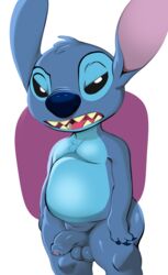 2022 alien balls black_eyes blue_body blue_claws blue_fur blue_nose blue_penis chest_tuft claws digital_drawing_(artwork) digital_media_(artwork) disney experiment_(lilo_and_stitch) flaccid foreskin fur genitals grumpy half-closed_eyes head_tuft hi_res jerseydevil lilo_and_stitch looking_at_viewer male male_only narrowed_eyes open_mouth overweight overweight_male penis pupils simple_background solo solo_male standing stitch tuft uncircumcised white_pupils