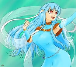 1girls armpits bangs blue_hair breasts dancer dancing dress enbu female_only fire_emblem fire_emblem:_the_blazing_blade large_breasts long_hair ninian_(fire_emblem) nintendo open_mouth red_eyes smile solo