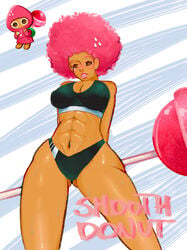 abs afro aged_up big_breasts brown_hair cookie_run cookie_run_kingdom dark-skinned_female dark_skin fanart fluffy_hair gym_clothes human low-angle_view muscular muscular_female pink_hair redbone smoothdonut strawberry_cookie sweat sweaty