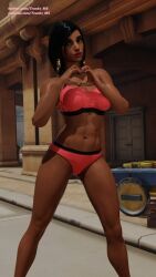 1girls 3d athletic bikini blizzard_entertainment dark-skinned_female dark_skin egyptian egyptian_female fareeha_amari female female_only fit_female human overwatch pharah posing solo sports_bra tattoo trunks_ms workout_clothes