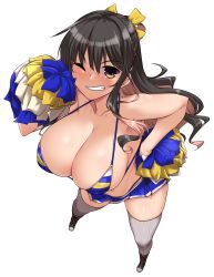 alternate_costume bare_shoulders big_breasts bikini black_hair blush breasts bulging_breasts cheerleader cleavage eyebrows_visible_through_hair female from_above grin hair_ribbon highres huge_breasts kantai_collection large_breasts long_hair looking_at_viewer micro_bikini multicolored_hair naganami_(kantai_collection) one_eye_closed pink_hair pom_pom_(cheerleading) ribbon shoes simple_background skindentation skirt smile solo string_bikini swimsuit thick_thighs thighhighs two-tone_hair white_background yellow_eyes yoshi_tama