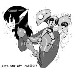 1girls asta_(crap_man) asta_rindo bent_over black_eyes black_hair blush bodysuit crap-man english_text female female_penetrated greyscale hi_res long_hair looking_back monochrome motion_lines penetration penis robot side_view small_but_hung smile teeth_clenched text thick_thighs white_background