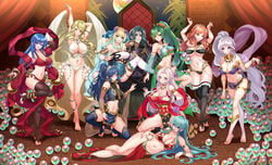 1boy 6+girls absurdly_long_hair absurdres alternate_costume alternate_hairstyle anklet anthiese_lima arm_strap arms_up barefoot belly_dancer belly_dancer_outfit bikini black_legwear blonde_hair blue_eyes blue_hair blush breast_grab breasts caeda_(fire_emblem) celica_(fire_emblem) cleavage dancer dancer_(three_houses) dancer_outfit edelgard_von_hresvelg eirika_(fire_emblem) fire_emblem fire_emblem:_genealogy_of_the_holy_war fire_emblem:_mystery_of_the_emblem fire_emblem:_path_of_radiance fire_emblem:_radiant_dawn fire_emblem:_shadow_dragon_and_the_blade_of_light fire_emblem:_the_blazing_blade fire_emblem:_the_sacred_stones fire_emblem:_three_houses fire_emblem_awakening fire_emblem_echoes:_shadows_of_valentia fire_emblem_gaiden fire_emblem_heroes fjorm_(fire_emblem) fjorm_(ice_ascendant)_(fire_emblem) gold_trim grabbing green_eyes green_hair hair_tie hand_up harem harem_girl harem_outfit highres ishtar_(fire_emblem) jewelry leanne_(fire_emblem) leg_strap loincloth long_hair lucina_(fire_emblem) lying lyn_(fire_emblem) lyndis_(fire_emblem) more_at_source multicolored_hair multiple_girls navel necklace nez-box on_side open_mouth orb pelvic_curtain red_footwear red_hair see-through see-through_sleeves silver_hair sitting sitting_on_person slave swimsuit thighhighs throne toe_ring toeless_legwear valter_(fire_emblem) very_long_hair white_wings wings yellow_eyes