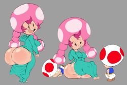 2021 ass big_butt bodily_fluids breasts bubble_butt butt_flap exposed_butt eyelashes female hi_res huge_butt humanoid larger_female looking_at_viewer looking_back looking_back_at_viewer male mario_(series) multiple_images nintendo nipple_outline not_furry ogling onesie pajamas purple_yoshi_draws shortstack simple_background size_difference smaller_male smile sweat thick_thighs toad_(mario) toadette toadette_(purple_yoshi_draws) toeless_legwear toeless_stockings twintails video_games wide_eyed wide_hips