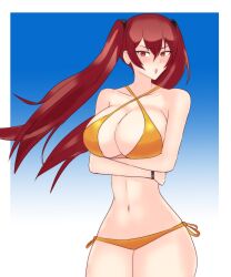 1girls alternate_breast_size alternate_costume arm_under_breasts big_breasts breasts cleavage crossed_arms female female_only fire_emblem fire_emblem_awakening huge_breasts large_breasts long_hair nintendo open_mouth orange_bikini orange_eyes orange_swimsuit red_eyes red_hair severa_(fire_emblem) solo swimsuit tiredtorto twintails yellow_bikini yellow_swimsuit