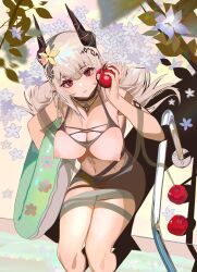 1girls apple arknights breasts breasts_out choker ear_piercing eating exposed_breasts female flower flower_in_hair highres holding_apple horns ken_(artist) long_hair looking_at_viewer mudrock_(arknights) necklace pointy_ears pool poolside red_eyes sitting skirt solo swimsuit tagme white_hair