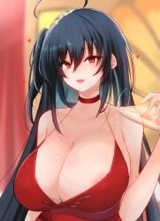 10eki_(tenchou) absurdres ahoge alcohol areola_slip areolae azur_lane bangs bare_shoulders black_hair breasts champagne champagne_flute choker cleavage cocktail_dress cup dress drinking_glass eyebrows_visible_through_hair female hair_between_eyes heart highres huge_breasts long_hair looking_at_viewer official_alternate_costume one_side_up open_mouth pouring pouring_onto_self red_choker red_dress red_eyes smile solo taihou_(azur_lane) taihou_(forbidden_feast)_(azur_lane) upper_body very_long_hair