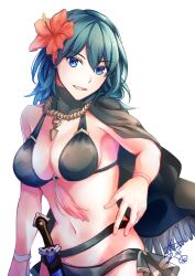 1girls :d alternate_costume bangs bare_shoulders bikini black_bikini black_capelet black_swimsuit blue_eyes blue_hair breasts byleth_(fire_emblem) byleth_(fire_emblem)_(female) byleth_(summer)_(fire_emblem)_(female) capelet cleavage clothed clothing collarbone commentary_request cowboy_shot dagger eyebrows_visible_through_hair female fire_emblem fire_emblem:_three_houses fire_emblem_heroes flower groin hair_between_eyes hair_flower hair_ornament highres knife large_breasts long_hair looking_at_viewer midriff navel nintendo official_alternate_costume open_mouth ribbon sheath sheathed sidelocks simple_background smile solo standing swimsuit tarayuki weapon white_background wrist_ribbon yukimiyuki