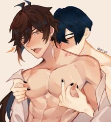 (brawl 2boys black_nail_polish brawl_stars brown_eyes brown_hair closed_eyes dark_hair earrings edgar emo gay hickey kissing_neck male_with_painted_nails nipple_play nipples stars) topless