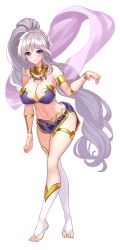 1girls absurdres alternate_costume asymmetrical_legwear bare_legs barefoot blue_eyes blush breasts cleavage dancer earrings feet female female_only fire_emblem fire_emblem:_genealogy_of_the_holy_war fire_emblem_heroes grey_hair harem_outfit highres ishtar_(fire_emblem) jewelry large_breasts long_hair looking_at_viewer navel nez-box nintendo pelvic_curtain ponytail purple_hair slave smile solo thighhighs toes veil very_long_hair white_background