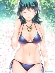 1girls alternate_costume bangs bare_arms bare_shoulders bikini blue_bikini blue_swimsuit breasts byleth_(fire_emblem) byleth_(fire_emblem)_(female) cleavage closed_eyes commentary cowboy_shot etchimune facing_viewer female fire_emblem fire_emblem:_three_houses green_hair hand_up jewelry large_breasts long_hair medium_breasts navel nintendo pendant pink_lips side-tie_bikini smile solo standing stomach sweat swimsuit teal_hair