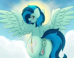 absurd_res animal_genitalia animal_pussy anus ass czu day equid equine equine_pussy fan_character feathers female genitals hasbro hi_res looking_at_viewer looking_back looking_back_at_viewer mammal my_little_pony open_mouth open_smile pegasus pussy smile tongue tongue_out wings