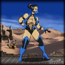 1boy 1girls 2022 2d 5_fingers animated black_hair blue_eyes blue_ninja_suit bouncing_breasts cleavage cyborg cyrax desert drawsputin edenian female huge_breasts kitana klassic_kitana male mortal_kombat mortal_kombat_3 ninja_suit stuck_in_sand tagme