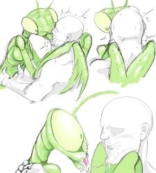 antennae blush breasts deep_kissing goatboydraws half-closed_eyes insect insects interspecies kissing looking_at_another looking_at_partner mantis non-mammal_breasts praying_mantis saliva saliva_string saliva_trail shocked straight tongue_kiss