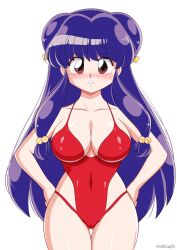 1girls blue_hair blush blushing_at_viewer cameltoe double_bun female_focus hands_on_own_hips helltzujih large_breasts light-skinned_female long_bangs long_hair looking_at_viewer one-piece_swimsuit pale-skinned_female pinup ranma_1/2 red_eyes red_swimsuit shampoo_(ranma_1/2) solo solo_female solo_focus swimsuit white_background