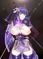 1girls areolae breasts breasts_out confident female female_only fingerless_gloves genshin_impact hair_accessory hand_on_hip ken_(artist) lactation large_areolae large_breasts long_hair looking_at_viewer nail_polish nails nipples purple_eyes purple_hair raiden_shogun skindentation sleeves smug solo standing sword thick_thighs thighhighs thighs uniform wide_hips