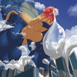 1:1 2021 aircraft airplane anthro balls big_balls big_penis blue_body bodily_fluids building city cloud cum cum_drip cum_flooding destruction detailed_background digital_drawing_(artwork) digital_media_(artwork) dragon dripping erection excessive_cum explosion genital_fluids genitals hi_res hyper hyper_cum low-angle_view macro male male_focus male_only masturbation mfive_(artist) muscular muscular_male outside penile penile_masturbation penis solo