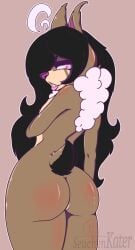 absurd_res anthro ass black_hair blush butt_focus female glistening glistening_body hair hi_res looking_at_viewer looking_back lotus_(seuchenkater) mammal neck_tuft puffel scut_tail seuchenkater short_tail smile solo tuft