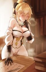 1girls black_bow blonde_hair blush bow breasts closed_eyes clothed clothed_female clothed_masturbation corner_masturbation covered_nipples crotch_rub desk detached_collar detached_sleeves female female_masturbation genshin_impact hairbow highres jean_gunnhildr large_breasts light-skinned_female light_skin long_sleeves masturbation masturbation_through_clothing medium_breasts pants pussy_juice shumiao sidelocks solo standing table_humping tight tight_pants white_pants white_sleeves