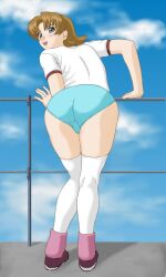 00s 1girls ankle_warmers artist_request ass bent_over blue_buruma blue_eyes blush breasts brown_hair buruma female female_focus female_only gundam gundam_seed gym_clothes gym_uniform human leg_warmers looking_back miriallia_haw open_mouth outdoors pink_leg_warmers railing red_shoes shoes short_hair sky socks solo solo_female t-shirt thigh_socks thighhighs underwear white_legwear white_socks white_t-shirt white_thighhighs