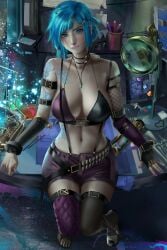 2022 abdominal_tattoo age_progression arcane arcane_jinx arm_tattoo belt bikini_top biting_lip blue_eyes blue_hair breasts elbow_gloves female female_only gloves hot_pants jinx_(league_of_legends) jinx_(league_of_legends)_(cosplay) large_breasts league_of_legends nails_painted necklace orca.huang pants powder_(arcane) riot_games short_hair stockings tattoo thighhighs