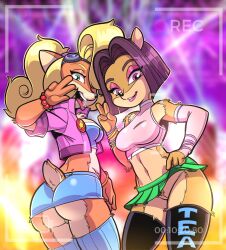 2020 2girls absurd_res activision ahe_gao anthro ass bandicoot blonde_hair bottomwear bracelet breasts clothed clothing clothing_lift coco_bandicoot crash_(series) crop_top duo eyeshadow eyewear eyewear_on_head fabio_paulino female fur genitals gesture goggles goggles_on_head hair hi_res jacket jewelry lipstick liz_bandicoot looking_at_viewer makeup mammal marsupial microskirt miniskirt multiple_girls no_underwear orange_body orange_fur piercing pubes purple_hair pussy recording shirt skirt skirt_lift tan_body tan_fur tongue tongue_out tongue_piercing topwear upskirt v_sign video_games